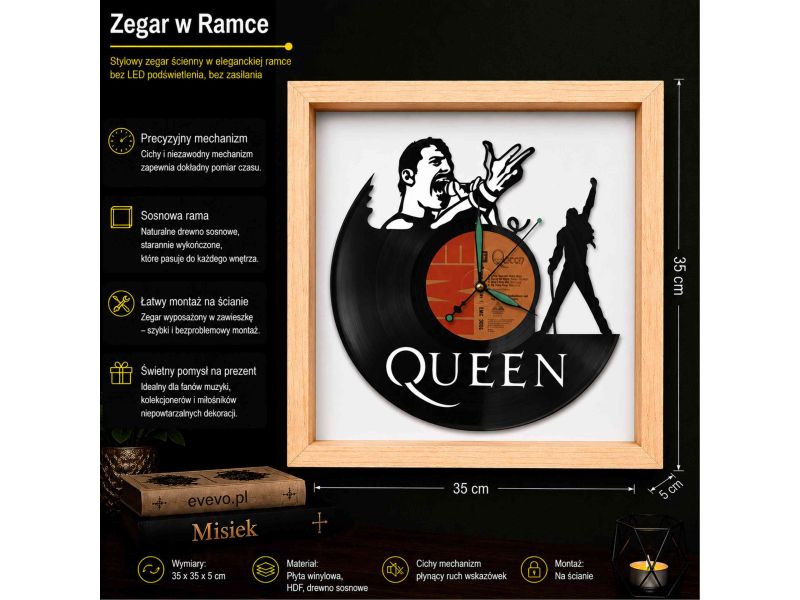 Queen Winyl Zegar Ścienny Płyta Winylowa Unikalna Dekoracja Dla Fanów Muzyki Rockowej I Popkultury EVEVO Z0011