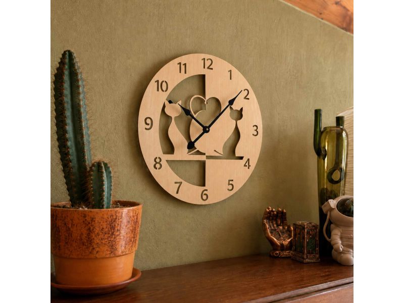 Kot Koty Zegar Ścienny Drewniany Dekoracyjny Nowoczesny Prezent Upominek 50x50 cm Cichy Mechanizm D0001