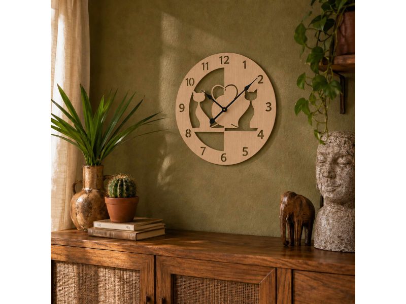 Kot Koty Zegar Ścienny Drewniany Dekoracyjny Nowoczesny Prezent Upominek 50x50 cm Cichy Mechanizm D0001