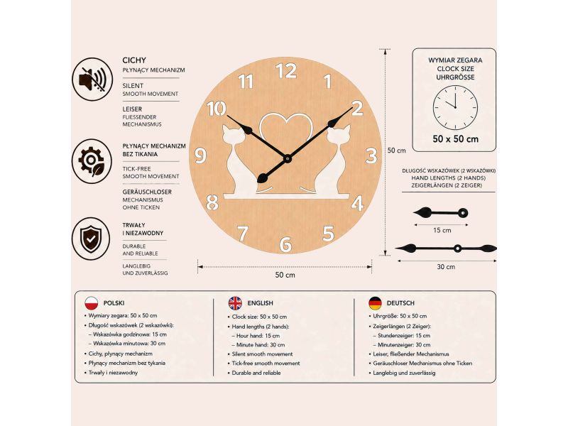 Kot Koty Zegar Ścienny Drewniany Dekoracyjny Nowoczesny Prezent Upominek 50x50 cm Cichy Mechanizm D0002