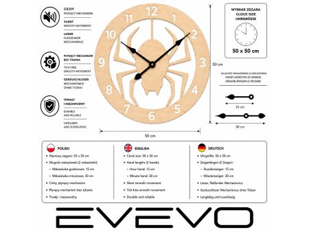 Pająk Zegar Ścienny Drewniany Dekoracyjny Nowoczesny Prezent Upominek 50x50 cm Cichy Mechanizm D0006