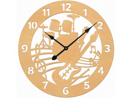 Perkusja Gitara Zegar Ścienny Drewniany Dekoracyjny Nowoczesny Prezent Upominek 50x50 cm Cichy Mechanizm D0009