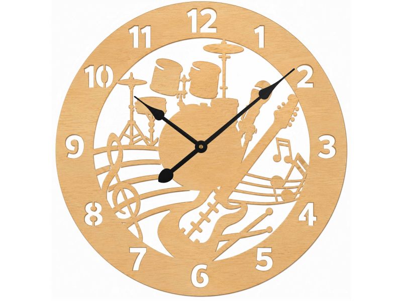 Perkusja Gitara Zegar Ścienny Drewniany Dekoracyjny Nowoczesny Prezent Upominek 50x50 cm Cichy Mechanizm D0009