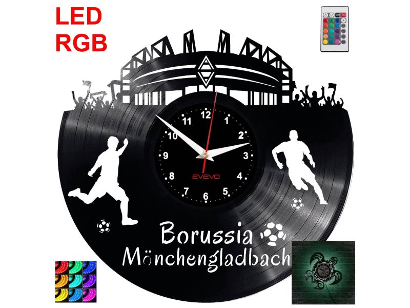 Borussia Mnchengladbach Zegar Ścienny Podświetlany LED RGB Na Pilota Płyta Winylowa Nowoczesny Dekoracyjny Na Prezent Urodziny